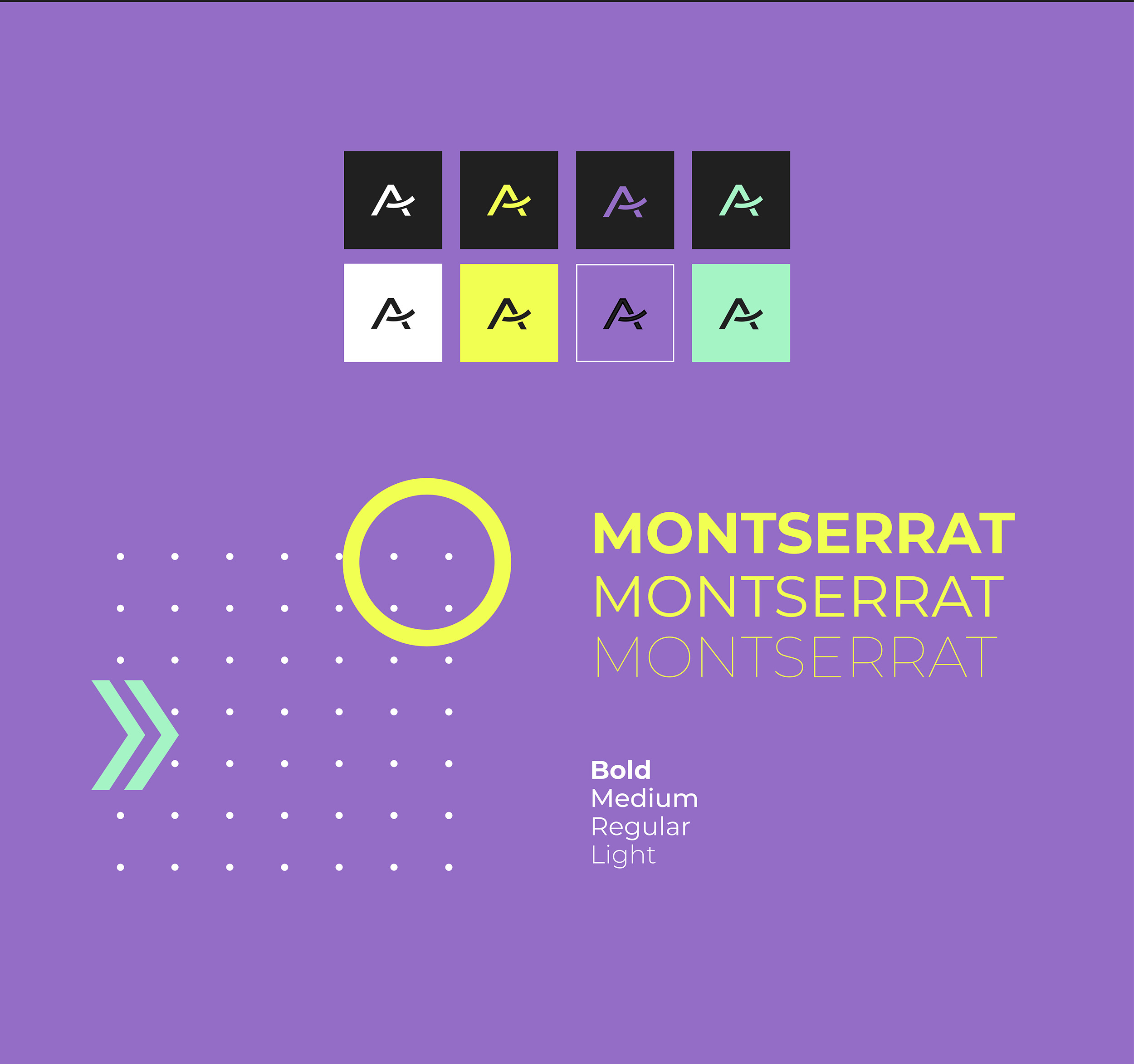 Montserrat als Typografie sowie verschiedene Neonfarben in Kombination mit dem Signet